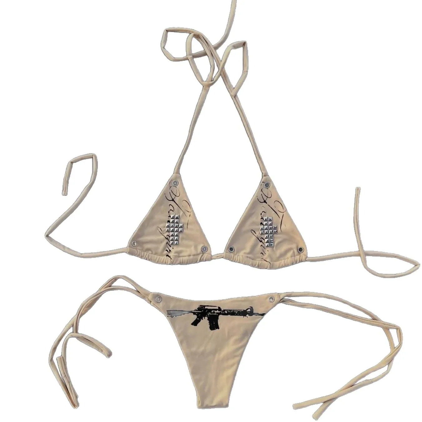 

Dark style studded bikini set with triangular hanging neck and gun print strap swimsuit
