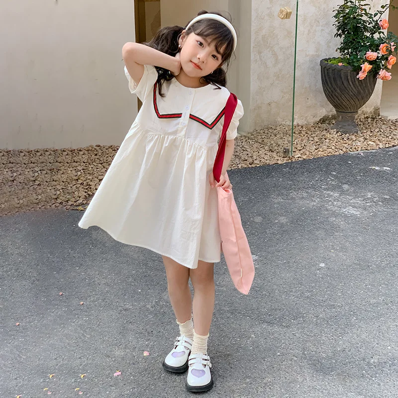 2024 Korean Summer Junior Girl Academy Style Navy Dress Children Girl Bubble Sleeve One-piece Dress School Girl Princess Dress