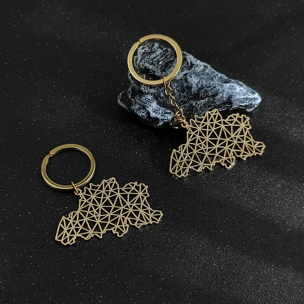 New Stainless Steel World Map Keychain Travel Exploration Belgium Map Charm Pendant Keychain Men and Women Gifts