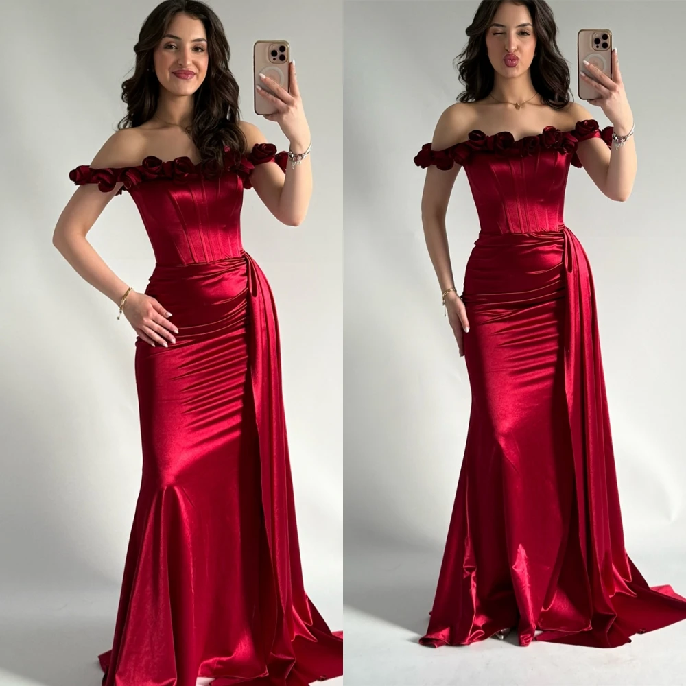 

Customized Mermaid Evening Dress Exquisite 3D Flowers Floor Length Prom Dresses Elegant Off the Shoulder Sweep Train Party Gowns