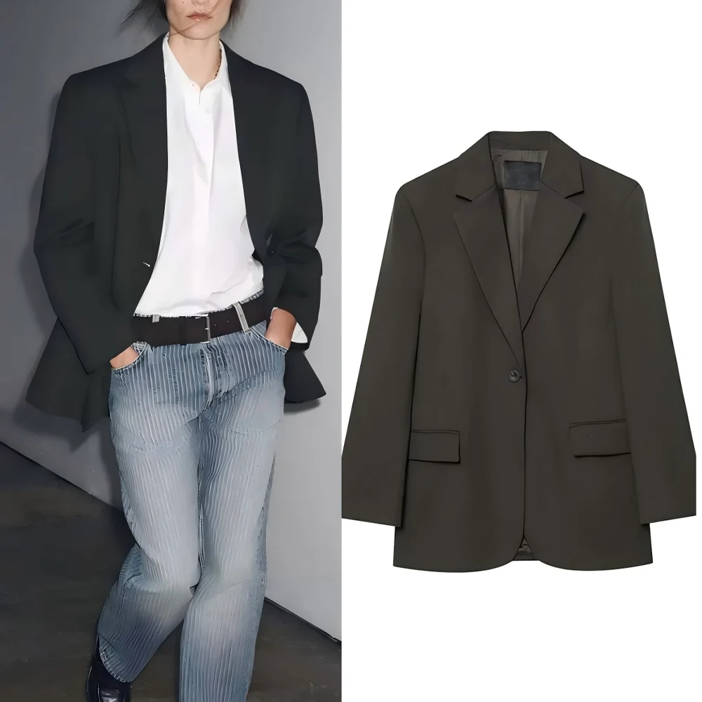 

Women's new fashion flip cover decoration loose single breasted blended suit jacket retro long sleeved women's jacket chic top