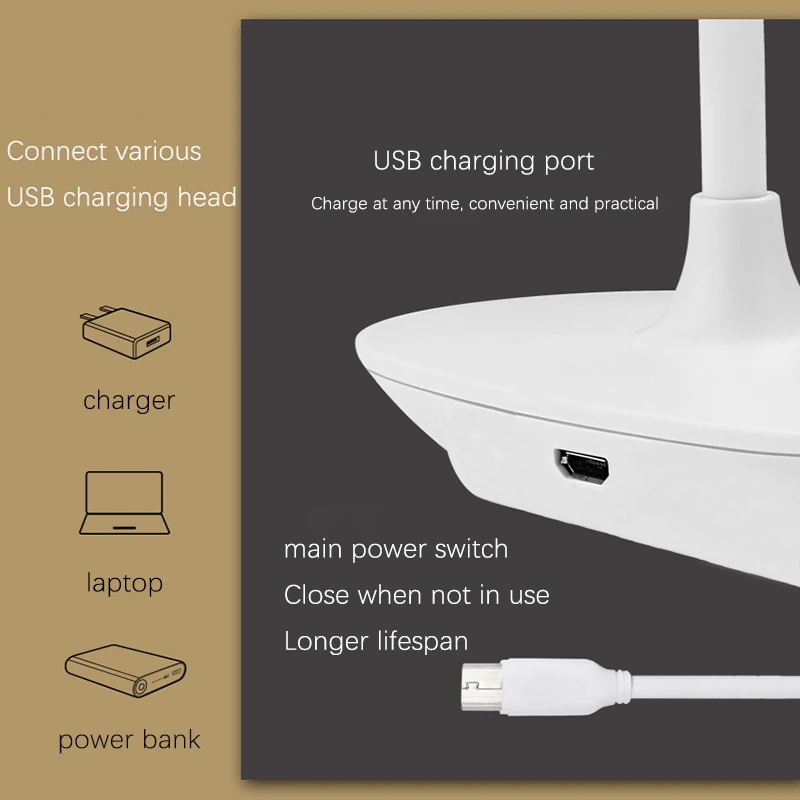 LEDPortable Touch lampada da tavolo ricaricabile USB a tre velocità con regolazione degli occhi lampada da libro piccola luce notturna rotante