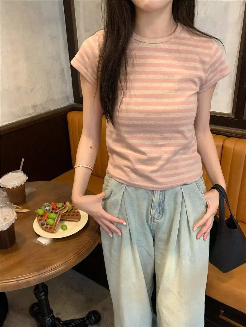 T-shirt coreana Sle Slim Fit Or Sve da donna Casual Spring Faion Stripe Color Blo Design Top per giovani donne