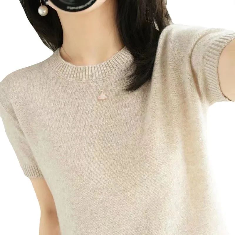 Short Sleeve T Shirt Women O Neck Wool Cotton Pullover Black Crop Top Spring Summer 2024 Streetwear Basic Knitted Sweater Tops