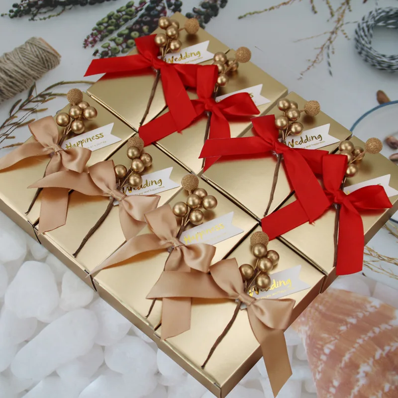 

European Wedding Bow Candy Box, Golden Square, Celebration, Favors for Guests, Packaging, Wedding Gifts Boxes, 50 PCs/Lot, New