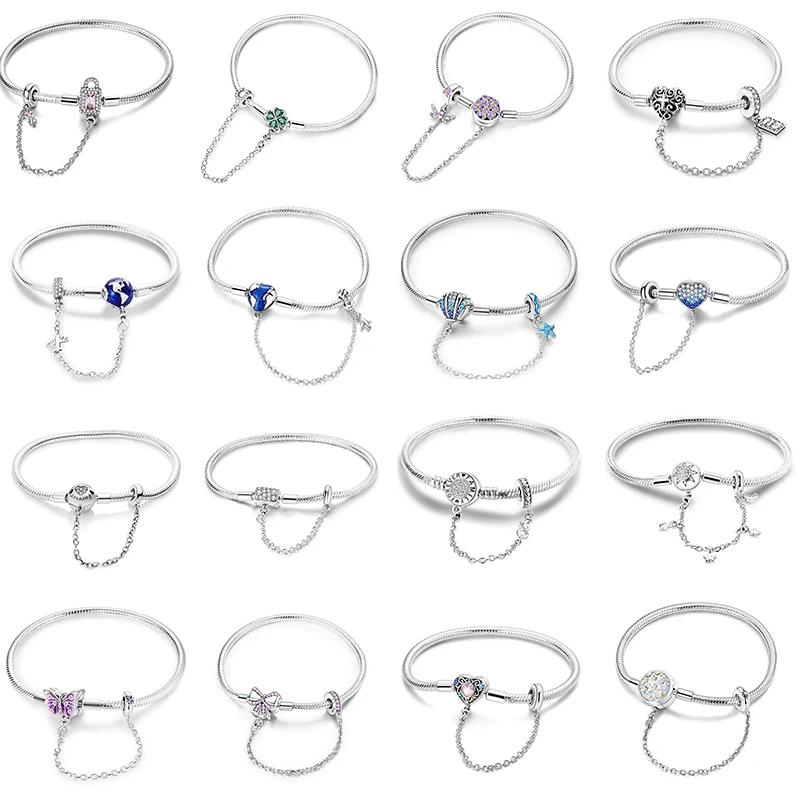 Pulseira de Prata Esterlina 925 de Moda 17-20CM com Borboleta, Pegada de Pé, Coração LOVE, Concha, Borboleta, Ideal para DIY, Presentes de Joias Femininas