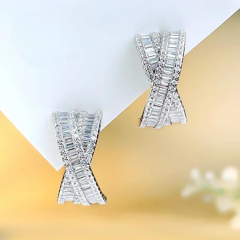 

Fashionable and Luxury Cross Style 925 Sterling Silver Personalized Ear Buckle Earrings Inlaid with High Carbon Diamond Wedding