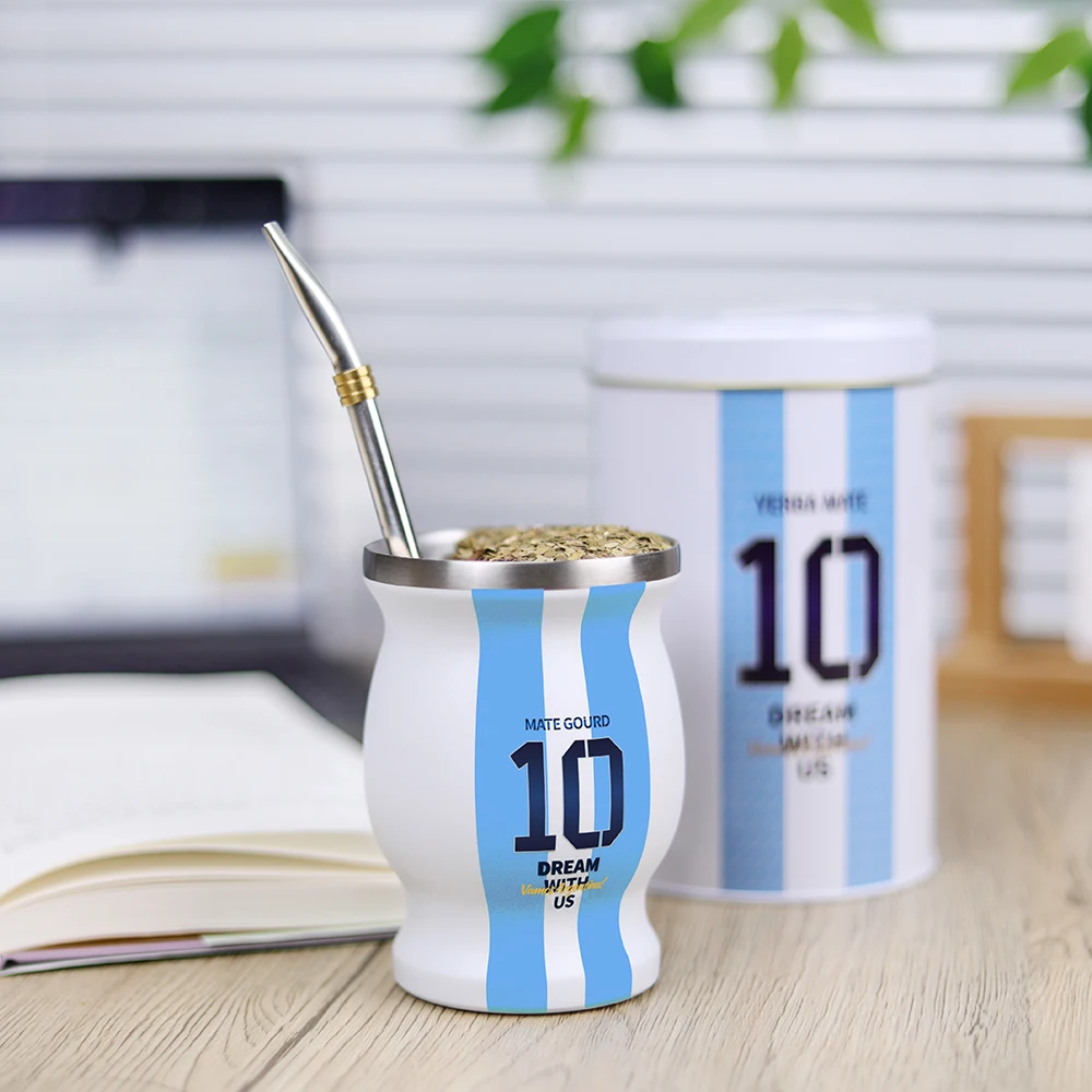 Yerba Mate Tea Cup Set, Included Argentina Football Captain No.10 Style Yerbero, Stainless Steel Mate Gourd and Bombilla Straw