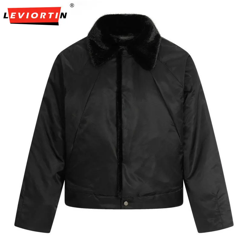 

Winter men's European and American fashion trend brand loose casual versatile solid color faux mink fur lapel cotton jacket
