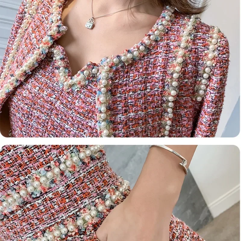Vintage engrossar tweed jaqueta + miçangas vestido feminino inverno outono elegante 2 peça define feminino pista design vestido conjuntos