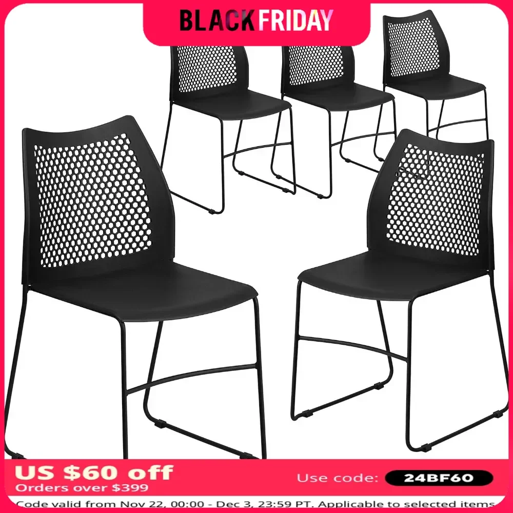 Hercules Series Contoured Lobby Chairs with Air-Vent Honeycomb Backs, Ergonomic Stacking Chairs for Offices, Set of 5, Black