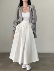 Korean Sle Chic Simple Mid-Length A-Line Skirt Half Body Skirt Commute High Waist Loose Fit Pure Color Long Skirt