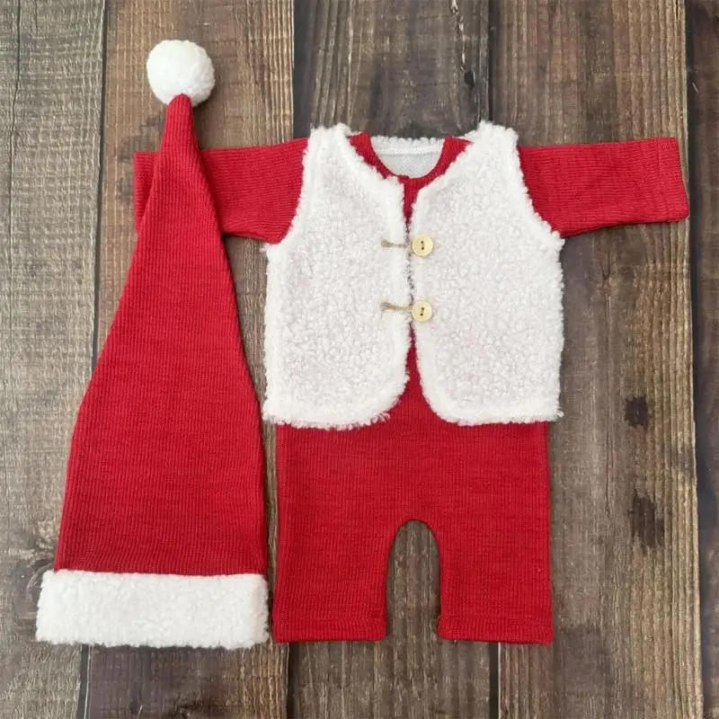 H55B سانتا كلوز طقم صور لحديثي الولادة مكون من 3 قطع تصوير مريح للأطفال