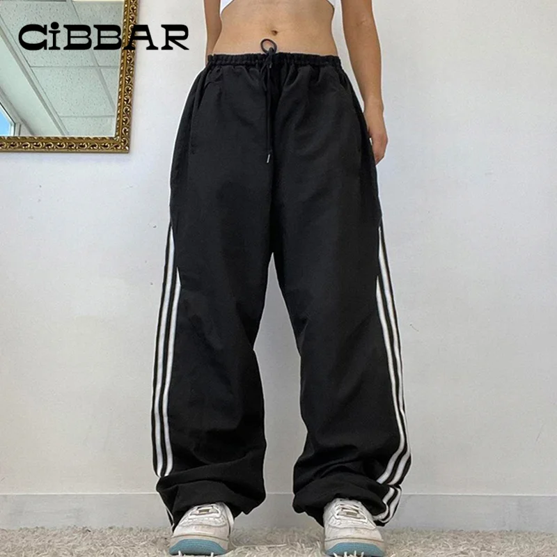 

CIBBAR Drawstring Streetwear Baggy Pants Women Sport Casual Basic Side Striped Sweatpants Low Rise Parachute Pants Hippie Woven