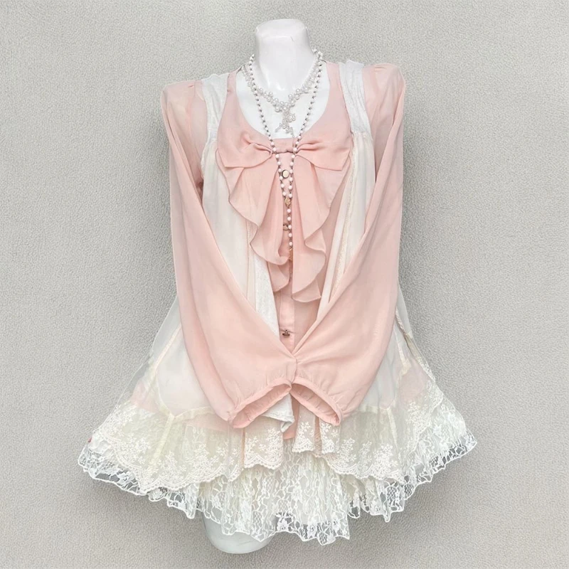 

Японский винтажный комплект из 3 предметов Kawaii, женская повседневная милая короткая юбка с длинным рукавом Y2k, однотонное лоскутное платье в стиле ретро, осень 2023 г.