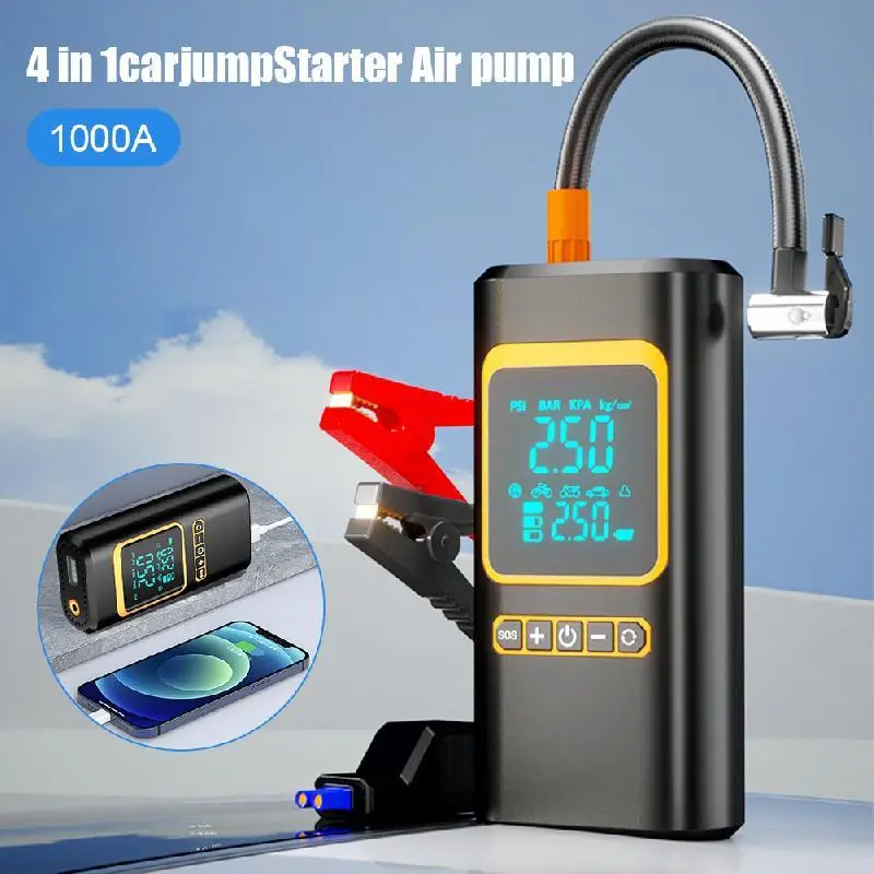 1000A Car Jump Starter Power Bank 4 In 1 Air Compressor Tire Inflator  Portable Battery Booster With LED Flashlight