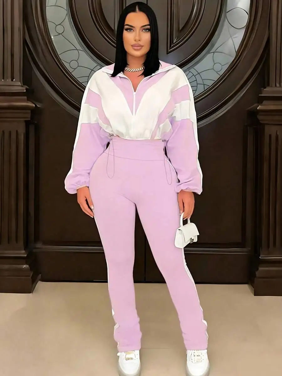 Women's Color Block Sporty Matching Set - Long Sleeve Top & High Waist Skinny Pants