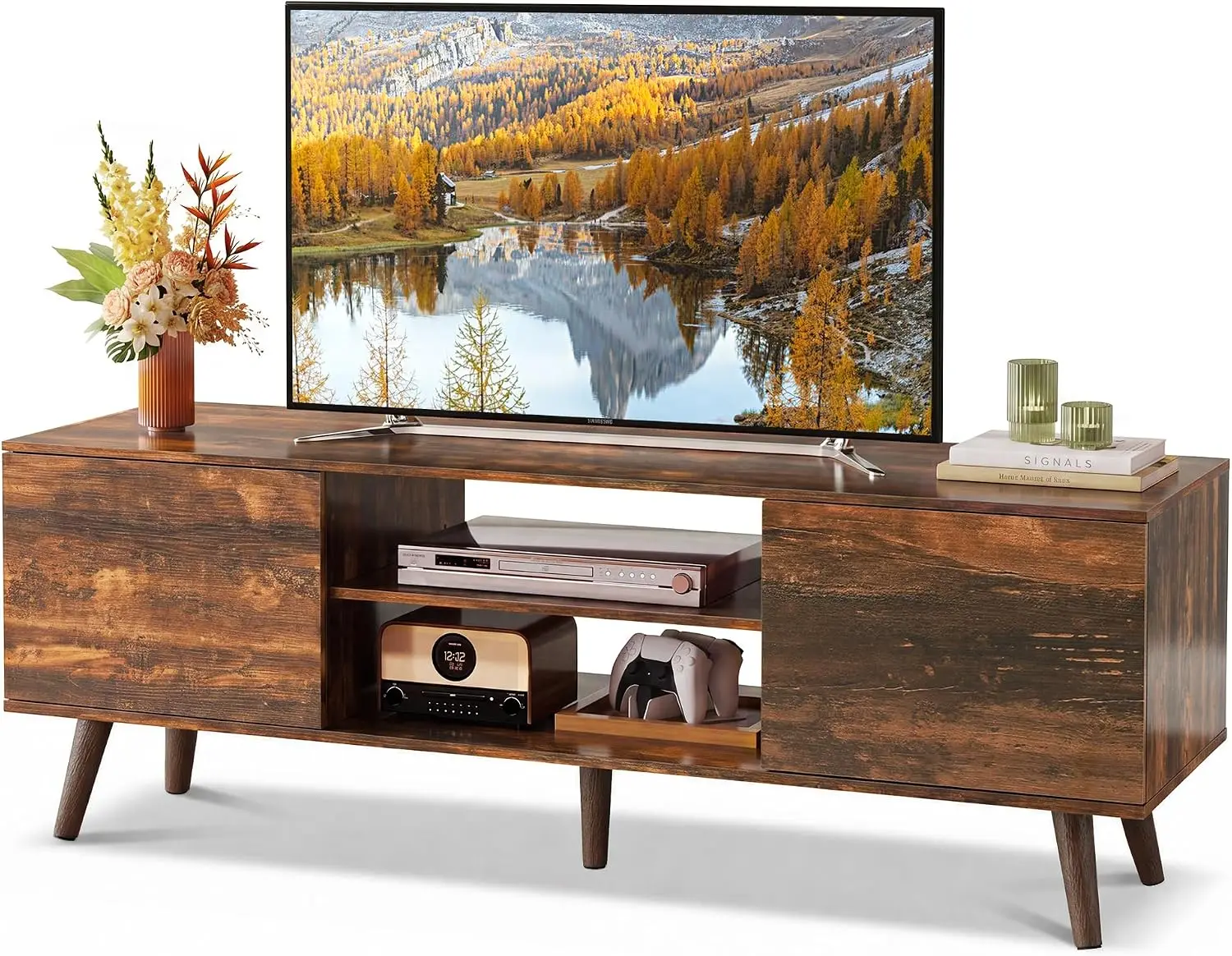 Mid-Century Modern TV Stand for 55-60 Inch TVs, Entertainment Center with 2 Cabinets, Adjustable Shelf & Soft-Close Hinges, Media Console Table