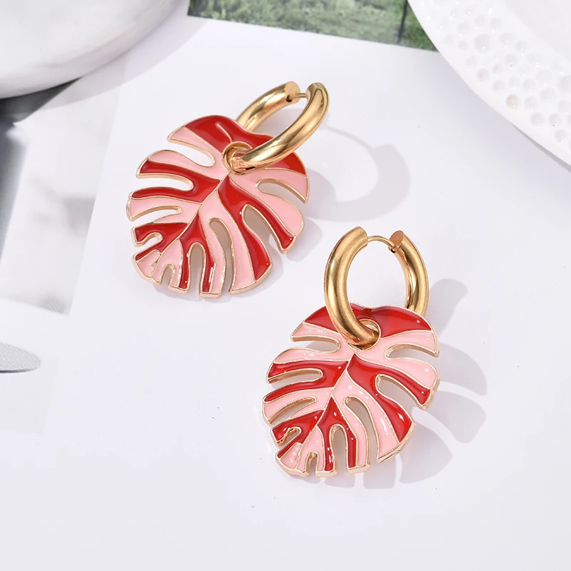 Heiße Bunte Große Blatt Anhänger Gold Farbe Edelstahl Ohrringe Für Frauen Schmuck Vintage Aussage Emaille Runde Creolen – Detail 8