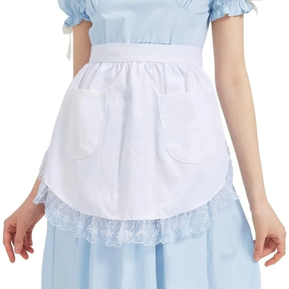 Sexy Vintage Cotton Lace Apron Lace Trim with Two Pockets Short Apron Comfortable Waist Ruffled Decor Half Waist Apron for Women