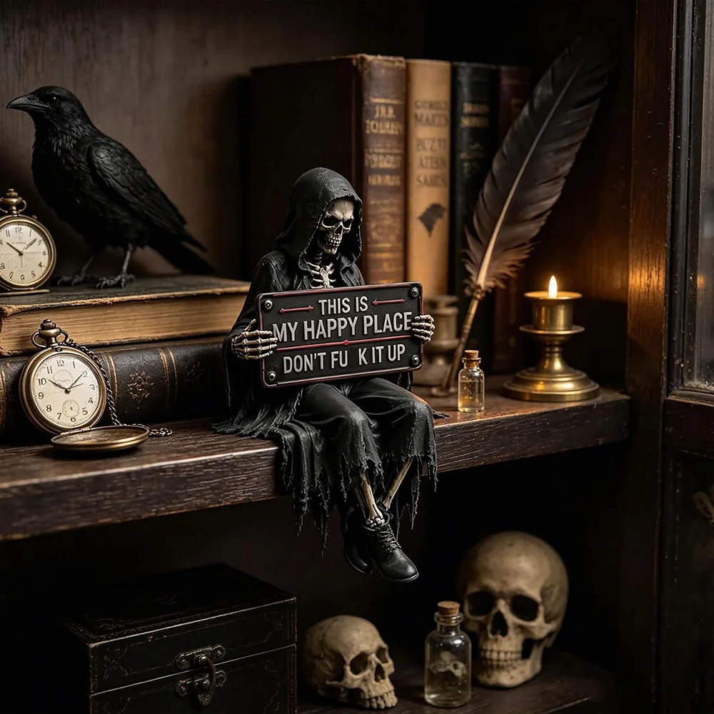 12cm Gothic-Skelett-Bücherregal-Figur, gruseliges Regal-Ornament aus Kunstharz, lustiges Schild, dunkle Halloween-Tischdekoration, Bücherregal-Dekor – Detail 1