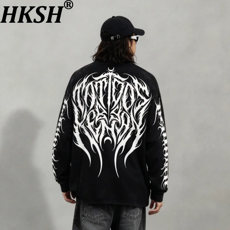 HKSH Spring Autumn New Men Tide Chic Ins Dark Subculture Gothic Print Long-sleeve T-shirt Punk Fit Trend Streetwear Tees HK28873