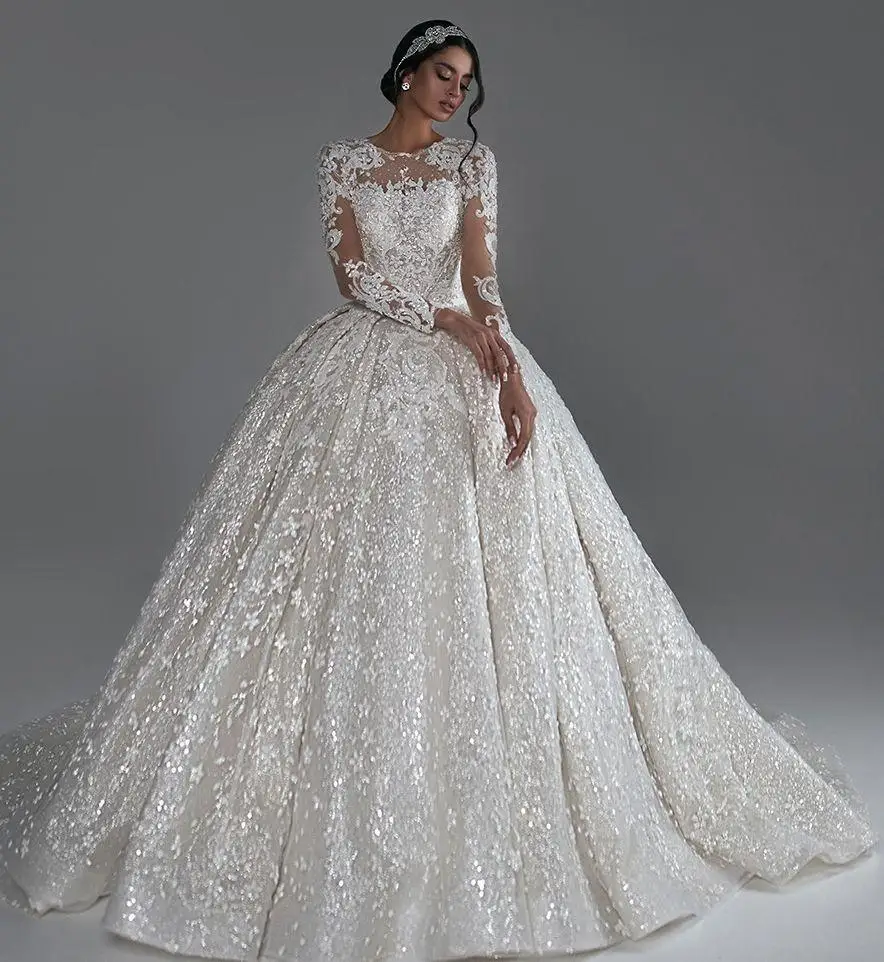 

Luxury Ball Gown Wedding Dresses Long Sleeve Lace Appliqued Sparkly Beaded Sequin Bridal Gowns African Country Vestido De Novia