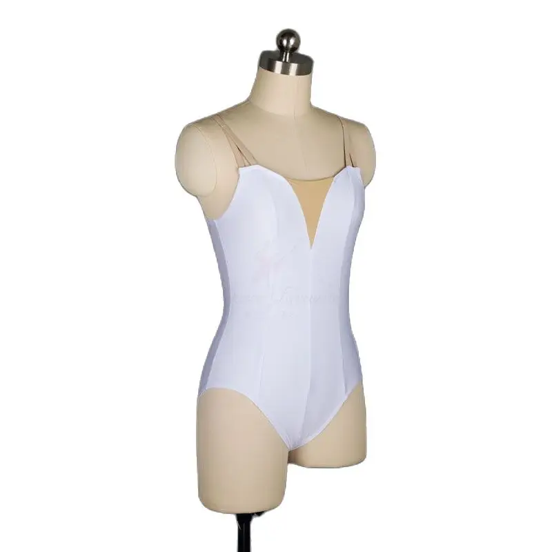 Free Shipping White Spandex Ballet Dance Leotard with V Nude Insert Dancewear for Women Bodywear Plain Leotards Nude Strap 18579