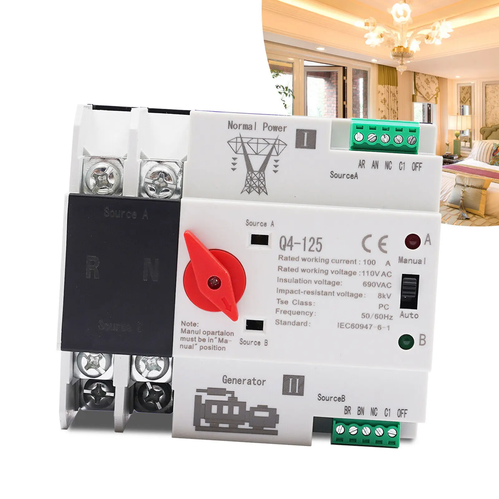 2P 100A Dual Power Automatic Transfer Switch for Generator ATS Changeover Switch AC 110V 60Hz PC Level