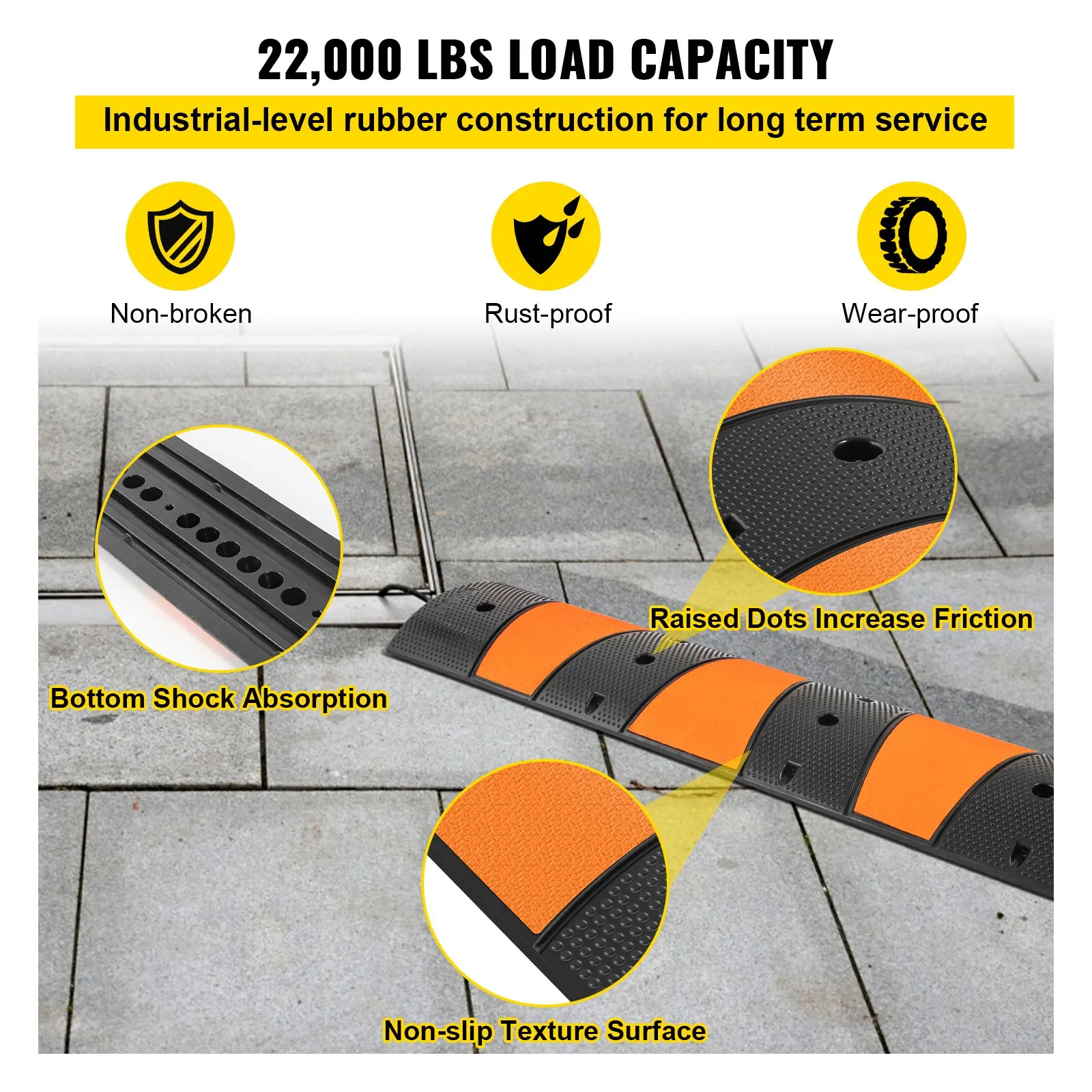 Rampe de protection de câbles à 2 canaux, 185 x 31 x 5,5 cm, capacité de 9980 kg, protecteur de câbles modulaire pour asphalte, béton, gravier