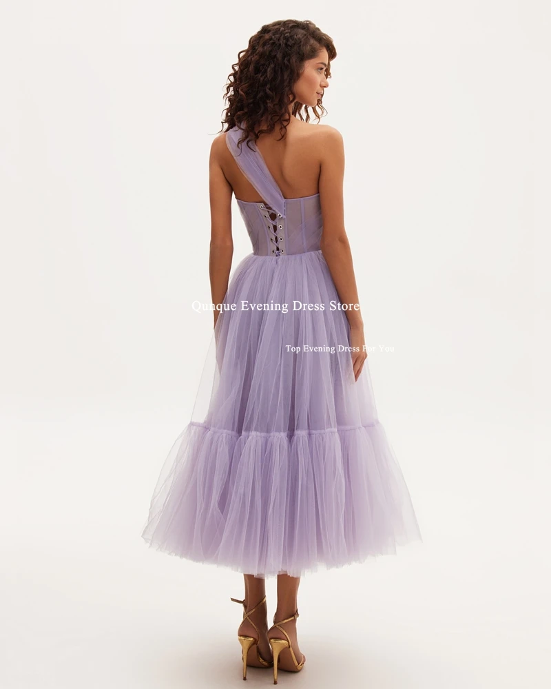 Qunque One Shoulder Lilac Tulle Prom Dresses Customized Vestidos De Gala Tea Length Skirt Ruched Pleat A-line Robes De Soirée