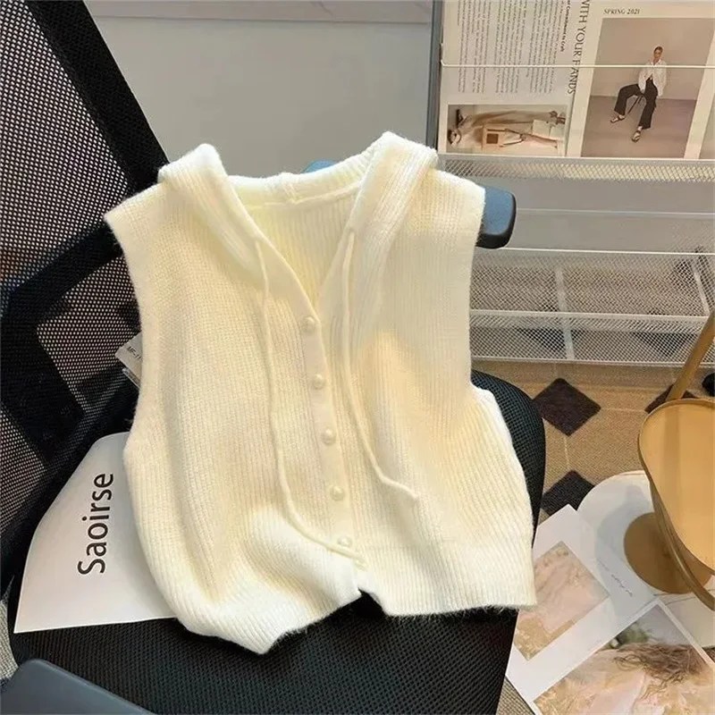 

Fashion Short Design of Hooded Sleeveless Cardigan Vest Women New Korean Casual Knitted Waistcoat Vest Sweater Coat Ladies Tops