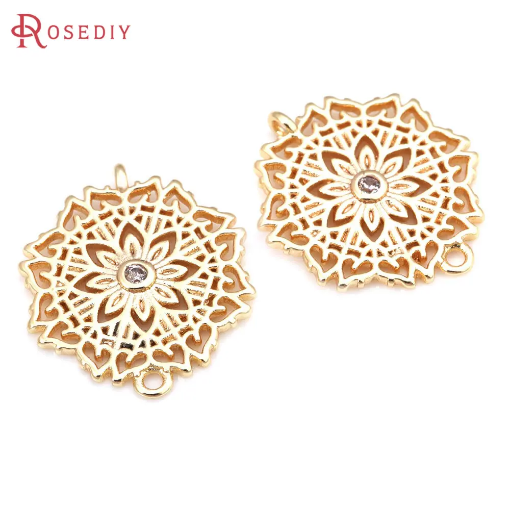 6PCS 18K Gold Color Brass and Zircon 2 Holes Flower Connect Charms Pendants High Quality Diy Jewelry Making Supplies Earrings