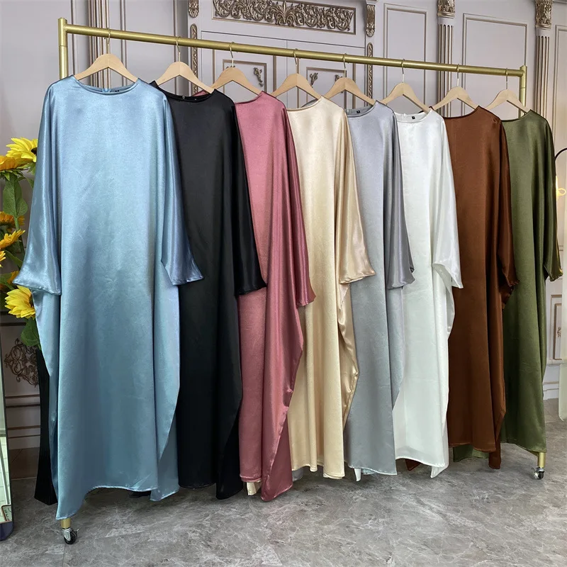 Simple Shiny Satin Round Neck Islamic Robes Middle East Abaya for Women Muslim Dress Modest Colthing Vestido Longo Feminino