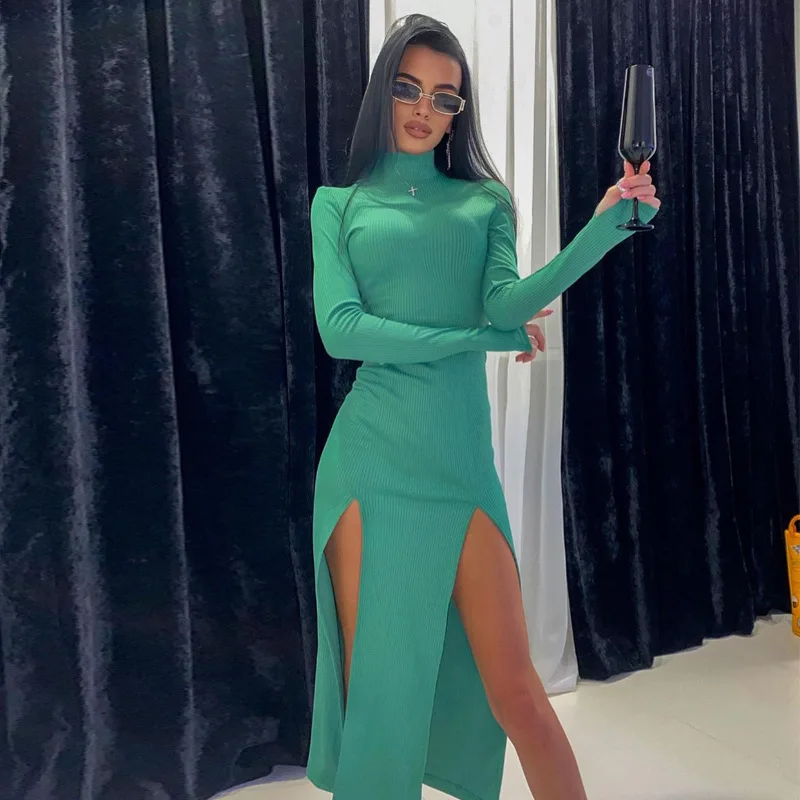 Y2K Bodycon Elegant Sexy Long Sleeved Women\'s Forked Dress 2024 Fashionable Slim Women\'s Birthday Party Club Party Dress