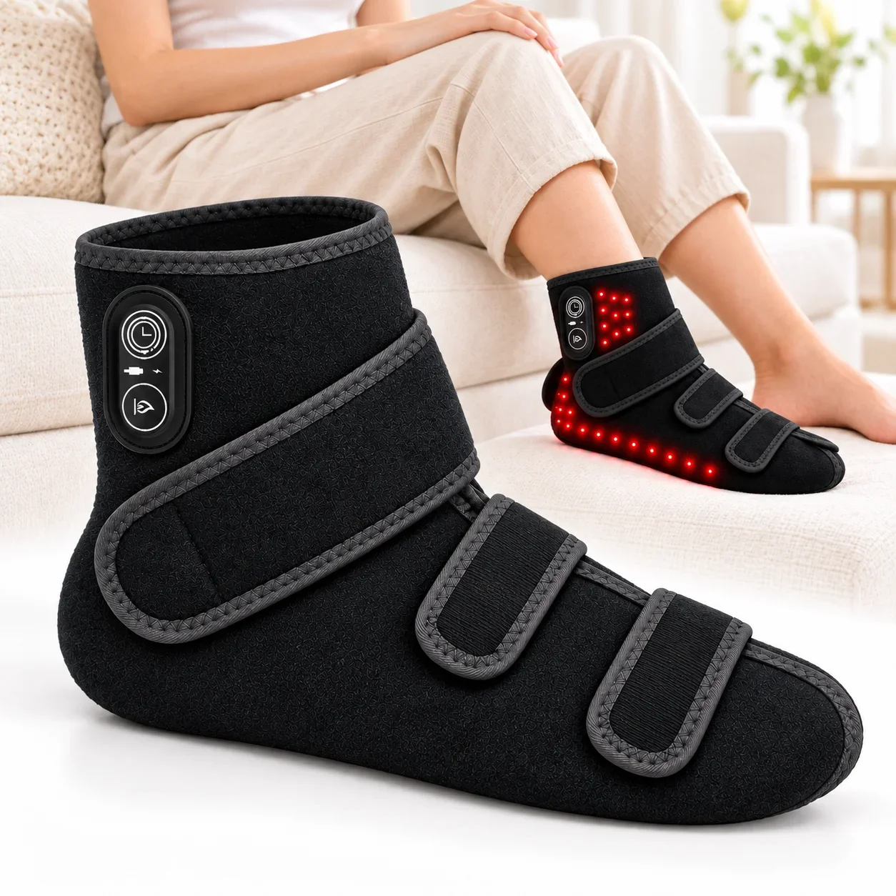Electric Foot and Ankle Warmer with Red Light Adjustable Wrap for Elbow 3 Heat Settings 3 Timer Options Wearable Heating Pad
