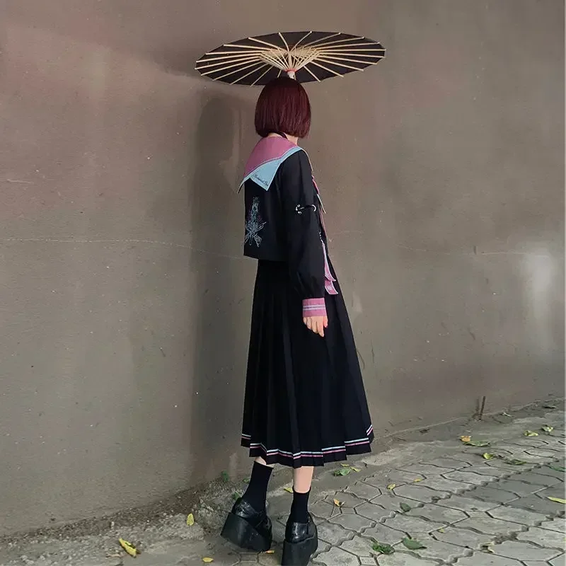 Original Contrasting Color Navy Collar Short Long Sleeved Top Irregular Pleated Skirt Jk Uniform Female Japanese Sailor Suit