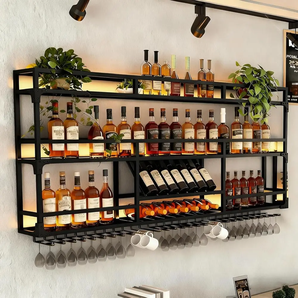 

3-Tier Wall-Mounted Wine Rack with LED Lights, Industrial Style Glass Holder, Large Metal Bottle Display for Home Bar or Dining