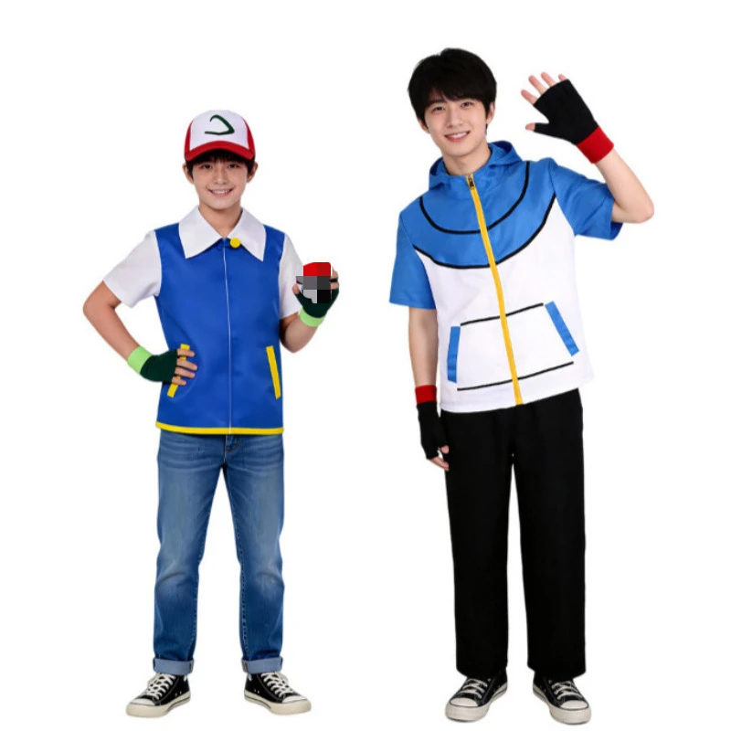Disfraz de Ash Ketchum para Cosplay de Anime, Chaqueta Azul, Disfraz para Niños y Niñas, para Fiestas, Carnaval, Halloween, Conjunto de Gorra y Guantes de Entrenador