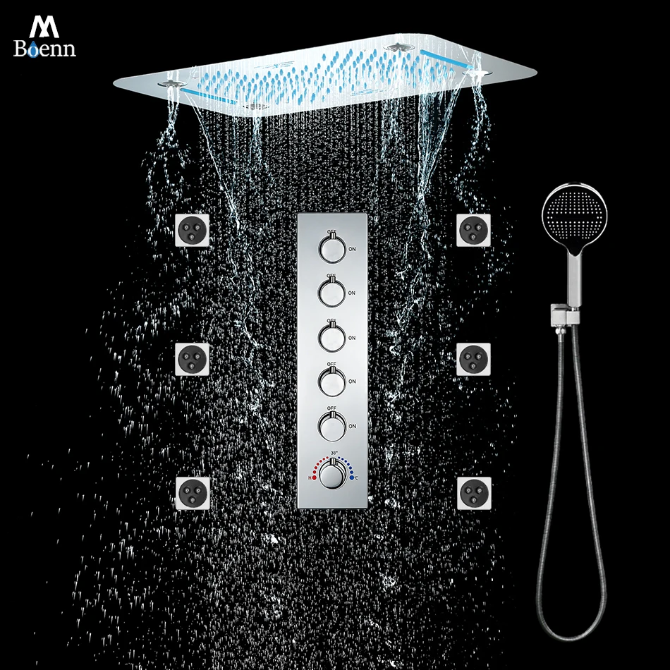 

M Boenn 5 Functions LED Shower System Set Ceiling 22.8*14.9 Inch Black Shower Head Bathroom Faucets Thermostatic Divider Mixer
