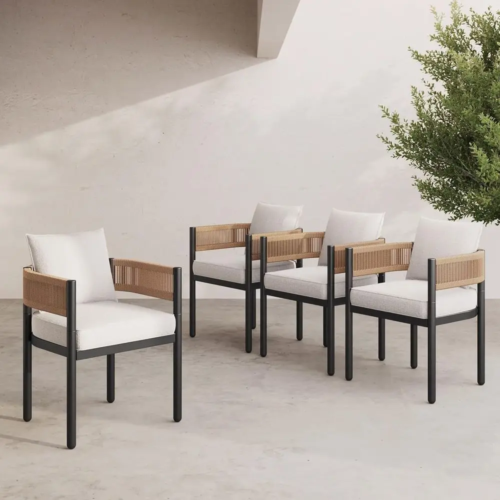 

4-Piece Outdoor Dining Set: Metal Woven Wicker Chairs with Beige Cushions for Patio, Garden, Deck, Porch, Lawn, and Poolside.