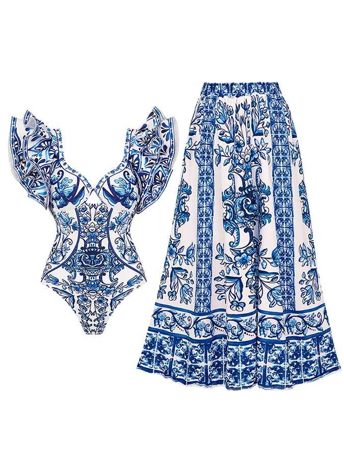 Ruffle Blue And White Porcelain Pattern Majolica Print One Piece Swimsuit And Skirt Or Sarong Women Fashion Swimwear Bikini 2024