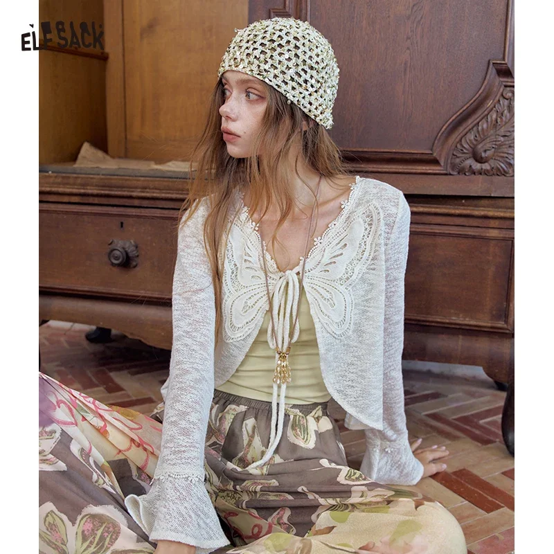 ELFSACK Women's Long Sleeve Knit Cardigan with Butterfly Embroidery, White Tie Front Crop Top, Elegant Casual Lace Trim Top