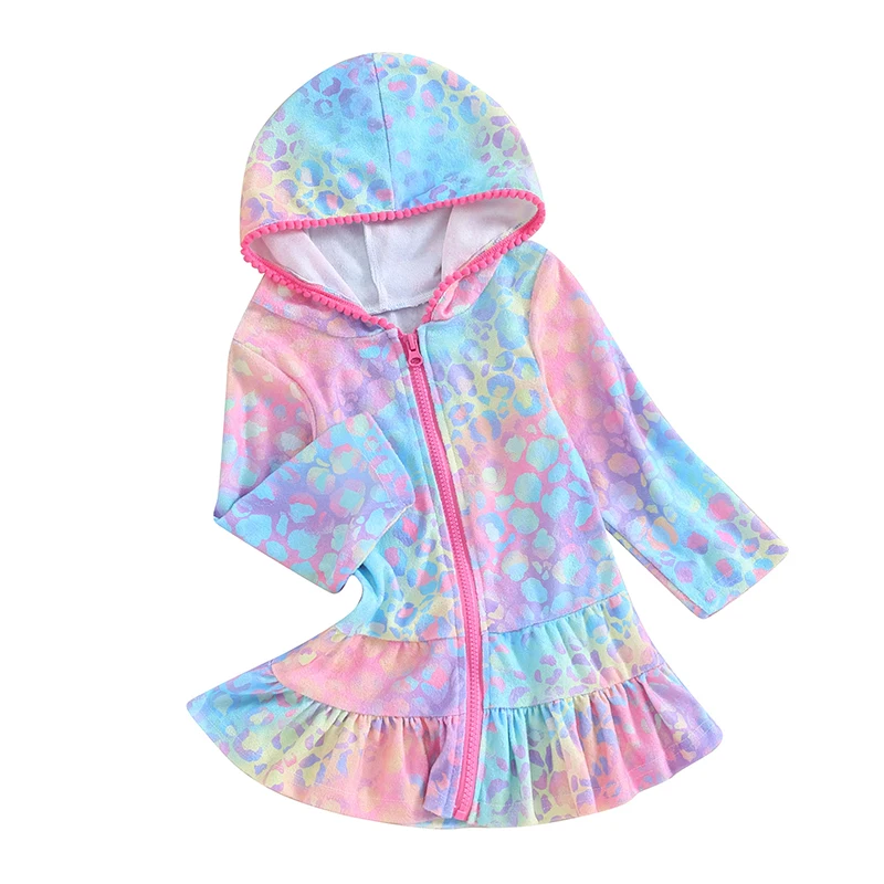 Girls Swim Cover Up Kids Hooded Zip-Up Terry Swimsuit Coverup Towel Bathing Suit Bathrobe Pool Swim Beach Robe Dress