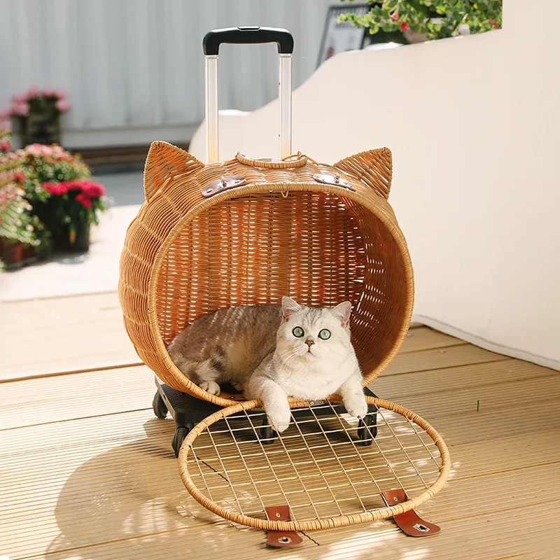 Imagem -04 - Portátil Rattan Carrinho de Gato Bolsa de Gato Case Respirável Suprimentos de Compras Carrinho de Estimação Saindo Produtos