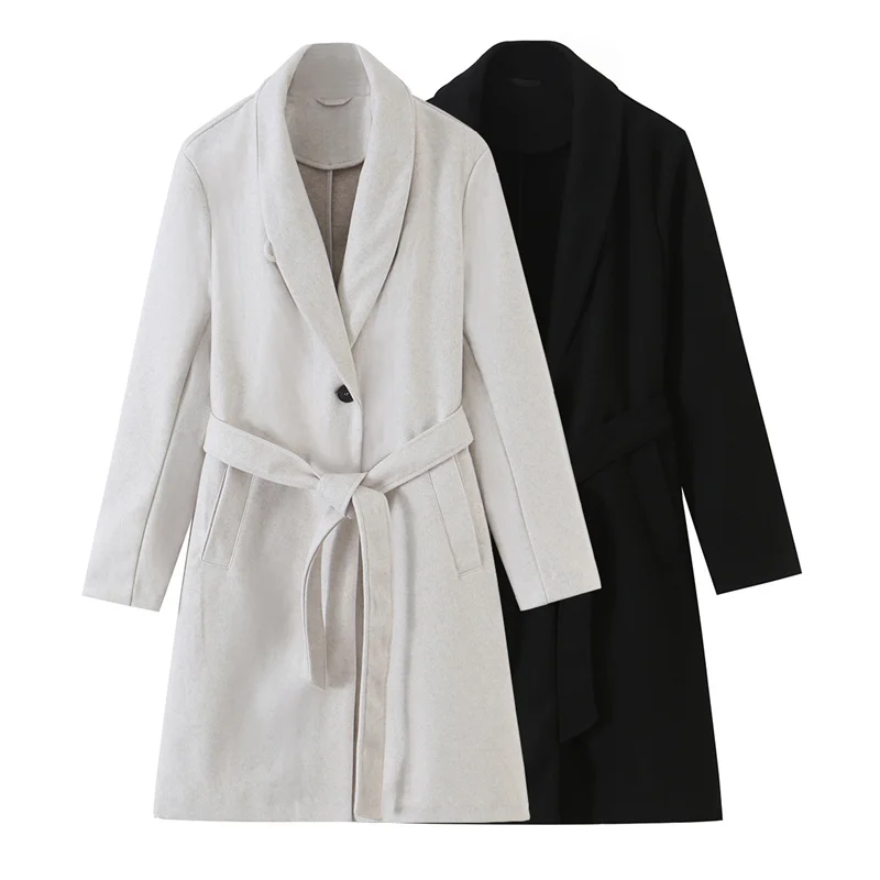 Guobioziy 2026 Fall New Arrival Women's Coat Solid Color Long Sleeve Belted Simple Long Coat Elegant and Graceful