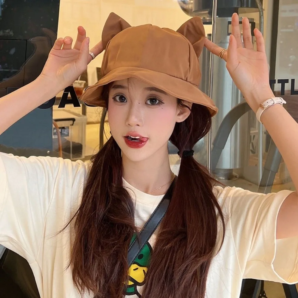 

Fashion Anti-UV Cat's Ears Bucket Hat Wide Brim Sunscreen Fisherman Hat Foldable Sun Hat Daily Wear