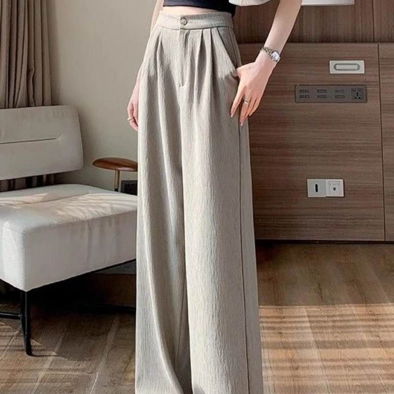 2024 New Summer Korean Commuter Casual Minimalist Polyester Wide Leg Pants Loose Solid Color High Waist Button Women's Pants