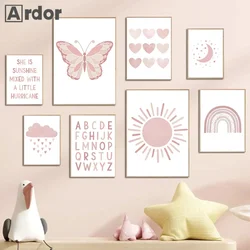 Pósteres de mariposa arcoíris y corazón de sol rosa, pintura en lienzo, arte de pared de nube y Luna, imágenes impresas, póster para guardería, decoración para habitación de niñas y bebés