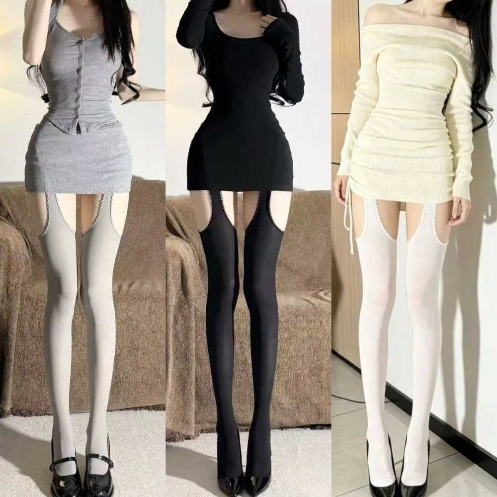 Elegant Hollowed-out Women Pantyhose Lolita JK Wide-banded Thigh High Stockings Spicy Girls Style Stockings with Garters Women